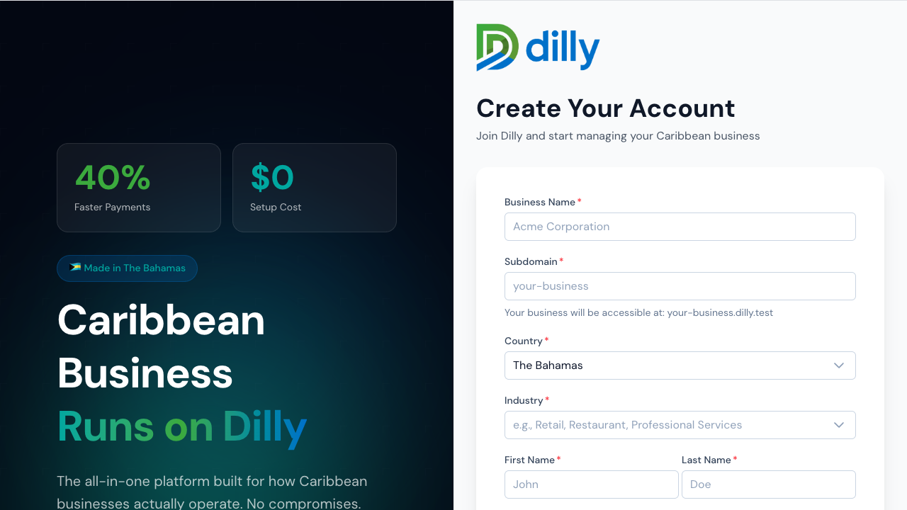 Dilly registration form showing subdomain selection and quick signup process